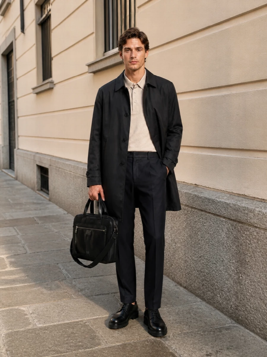 Herno car coat tailored trousers derby shoes