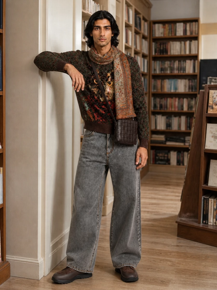 Etro owl sweater grey wide leg jeans outfit