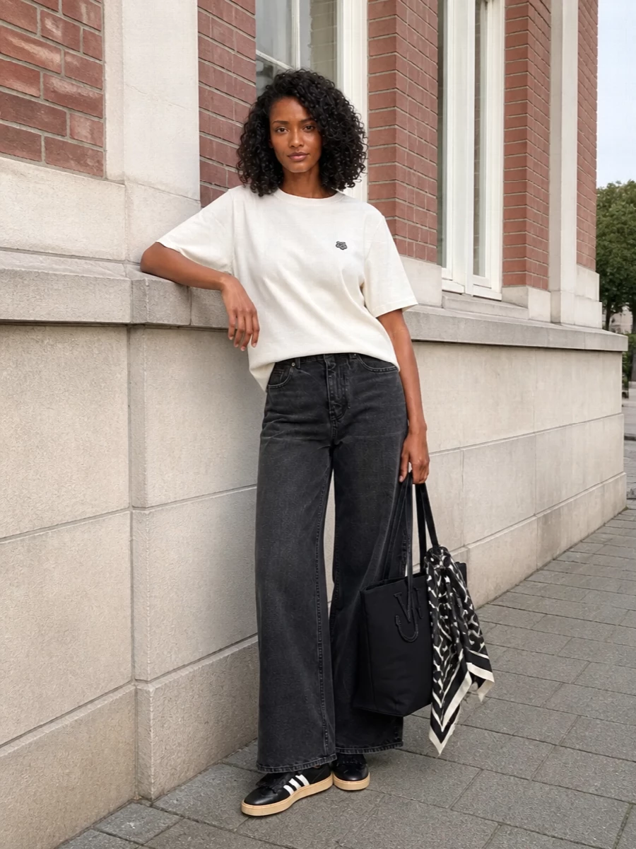 An off-white Kenzo tee meets washed black wide-leg denim for a clean, graphic take on streetwear. Black cupsole sneakers and a tonal oversized tote keep the palette tight and unfussy. A sharp monochrome scarf finishes it with just enough structure around the face.