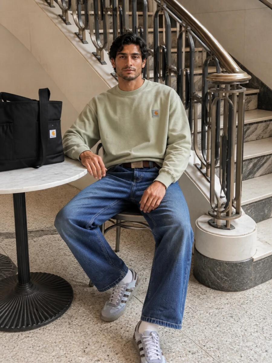 Carhartt wide leg jeans sage crew adidas trainers