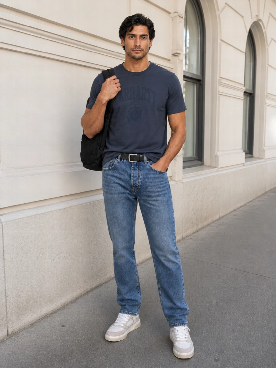 Carhartt jeans navy tee represent sneakers