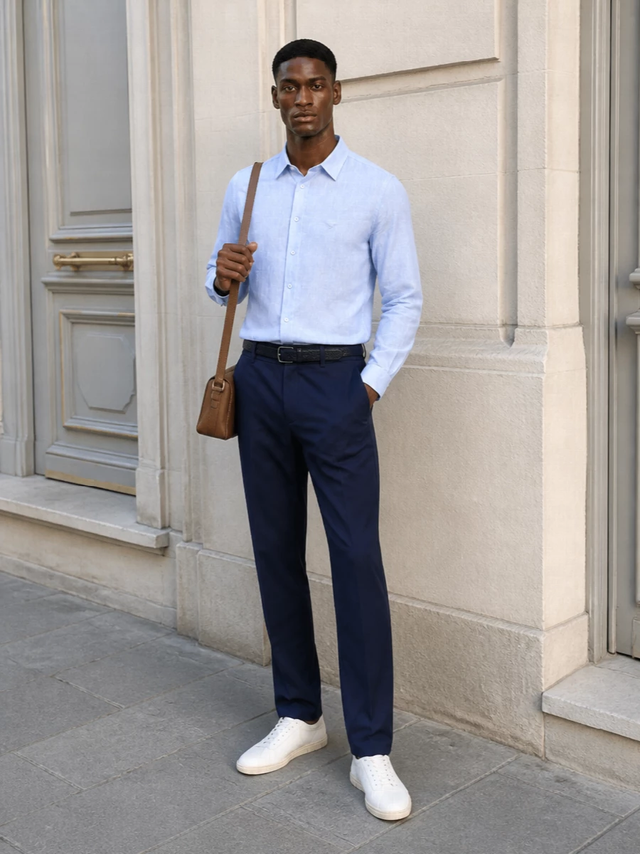 Emporio armani blue shirt navy trousers outfit