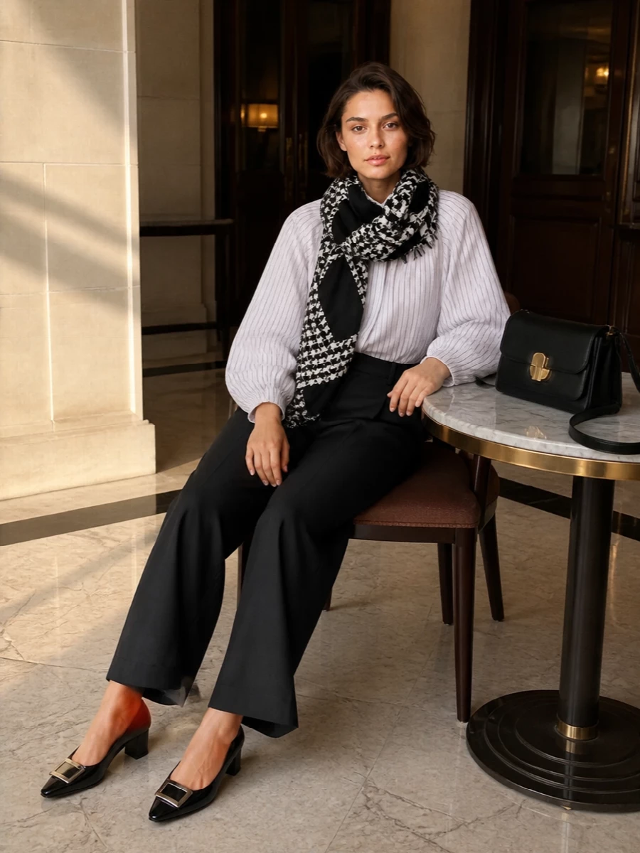 Patou striped blouse black wide leg trousers