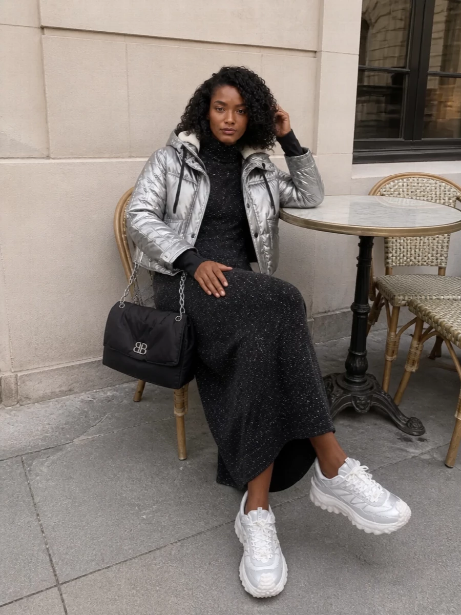 This look leans into a sleek, alpine-urban mood: the mirror-silver Moncler Grenoble puffer sits over The Row’s charcoal knit maxi, balancing high-shine futurism with a long, minimalist silhouette. Silver-accented Moncler sneakers keep it grounded and functional, while the padded Balenciaga shoulder bag in black and silver completes the polished, performance-luxe story without adding visual noise. Choosing the dress path over separates lets the coat remain the hero while the column underlayer elongates and refines the overall proportion.