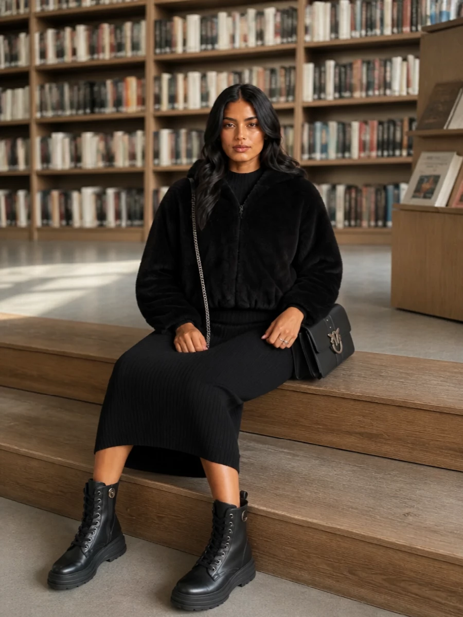 I am styling the faux‑fur jacket with a knit midi dress rather than separates to keep the silhouette clean, body‑skimming and easy under the cropped volume. The ribbed dress, chunky lace‑up boots and structured flap bag form a monochrome, city‑ready winter ensemble that moves from daytime errands to low‑key evenings without losing its sharp, minimalist edge.