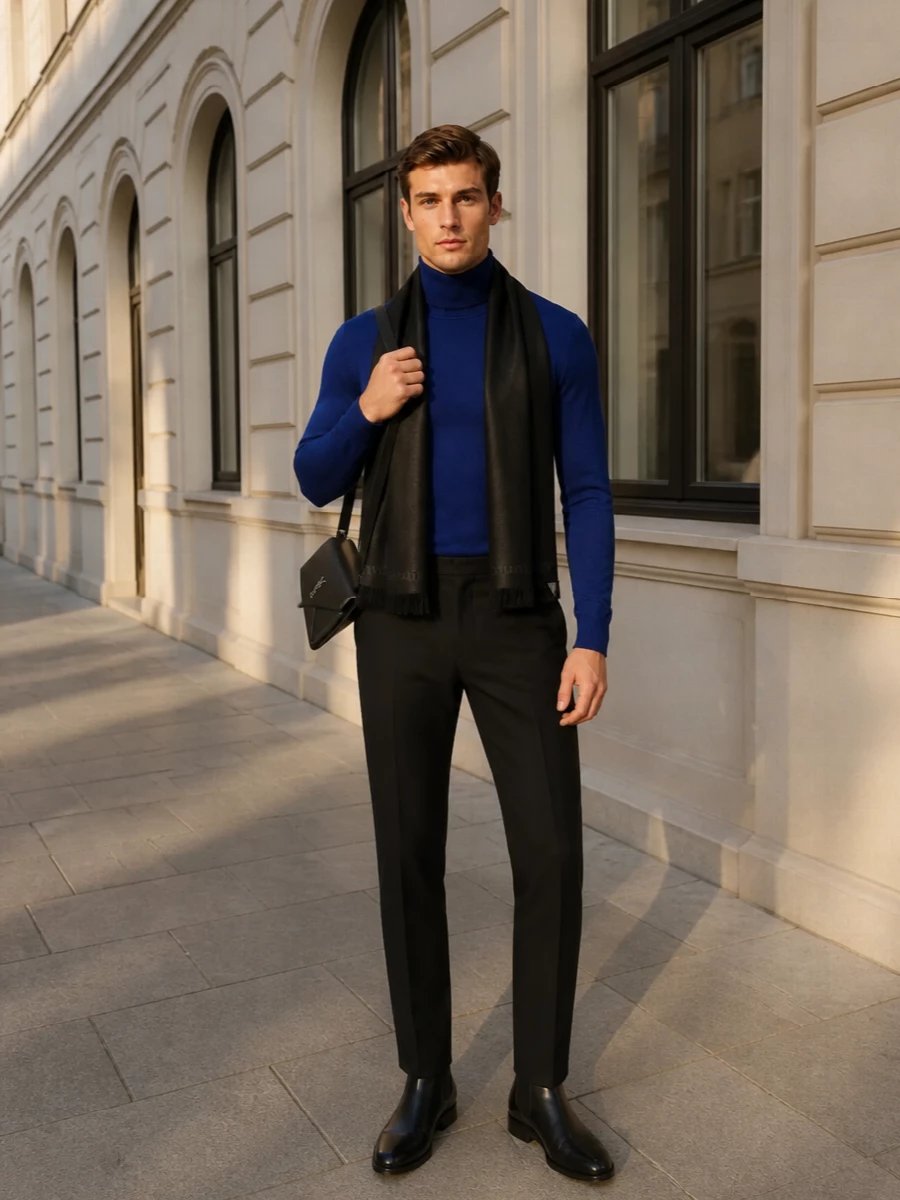 Saint laurent cobalt turtleneck black trousers