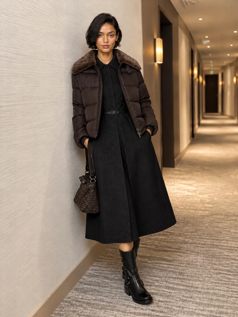 I’m building around the puffer’s quiet drama with the dress route, so the cropped volume frames a long, structured Fendi shirtdress rather than fighting a separate top and trouser line. The result is a dark, columnar base cinched at the waist, grounded by sculpted harness boots and a graphic FF top-handle bag for a quietly powerful city uniform. It feels substantial, winter-proof and intentionally Fendi without a single loud note.
