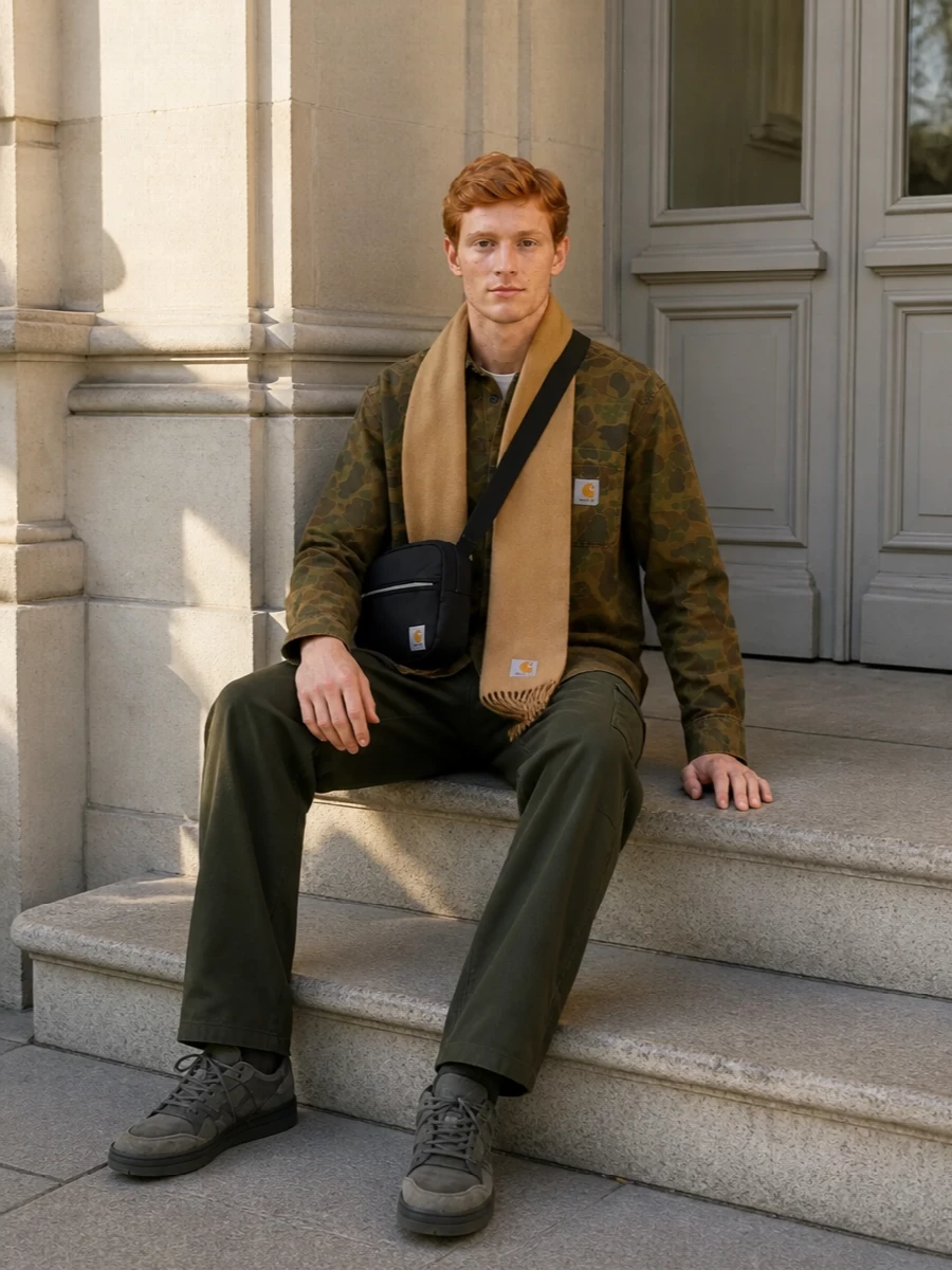 The camo shirt sits over dark olive cargos for a straight, easy line that feels practical but sharp. Tonal olive-grey sneakers and a compact black crossbody keep the palette grounded, while the camel scarf adds warmth and a subtle color lift. It is an unfussy streetwear uniform built from workwear pieces that still feels considered in shape and tone.