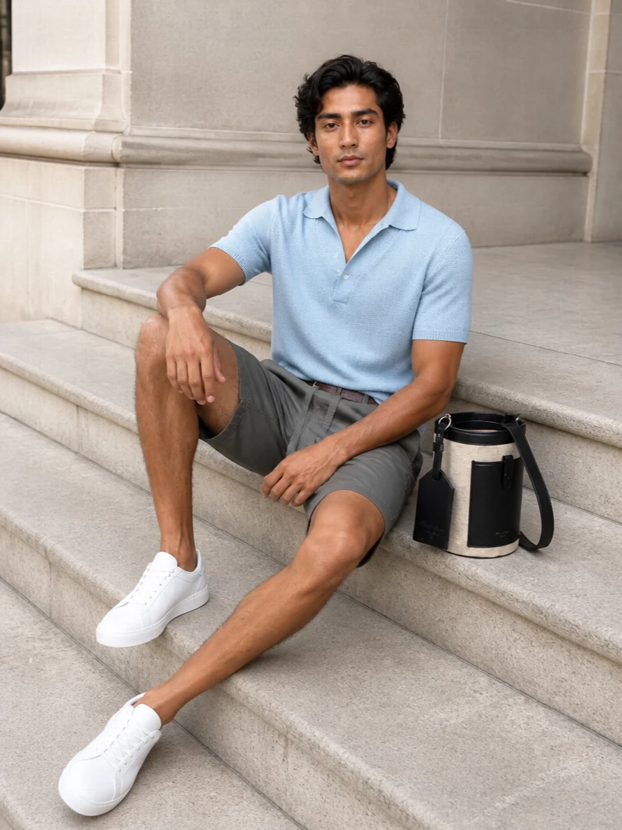 Dolce gabbana grey shorts blue knit polo outfit