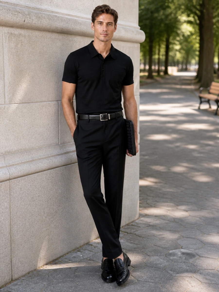 A black Pt Torino polo with the straight-leg trousers creates a restrained, tonal base that feels right for modern office days and low-key dinners. Glossy black Tod’s loafers and a slim black belt maintain that quiet structure, while the Bottega Veneta portfolio adds a discreet note of texture and intent.