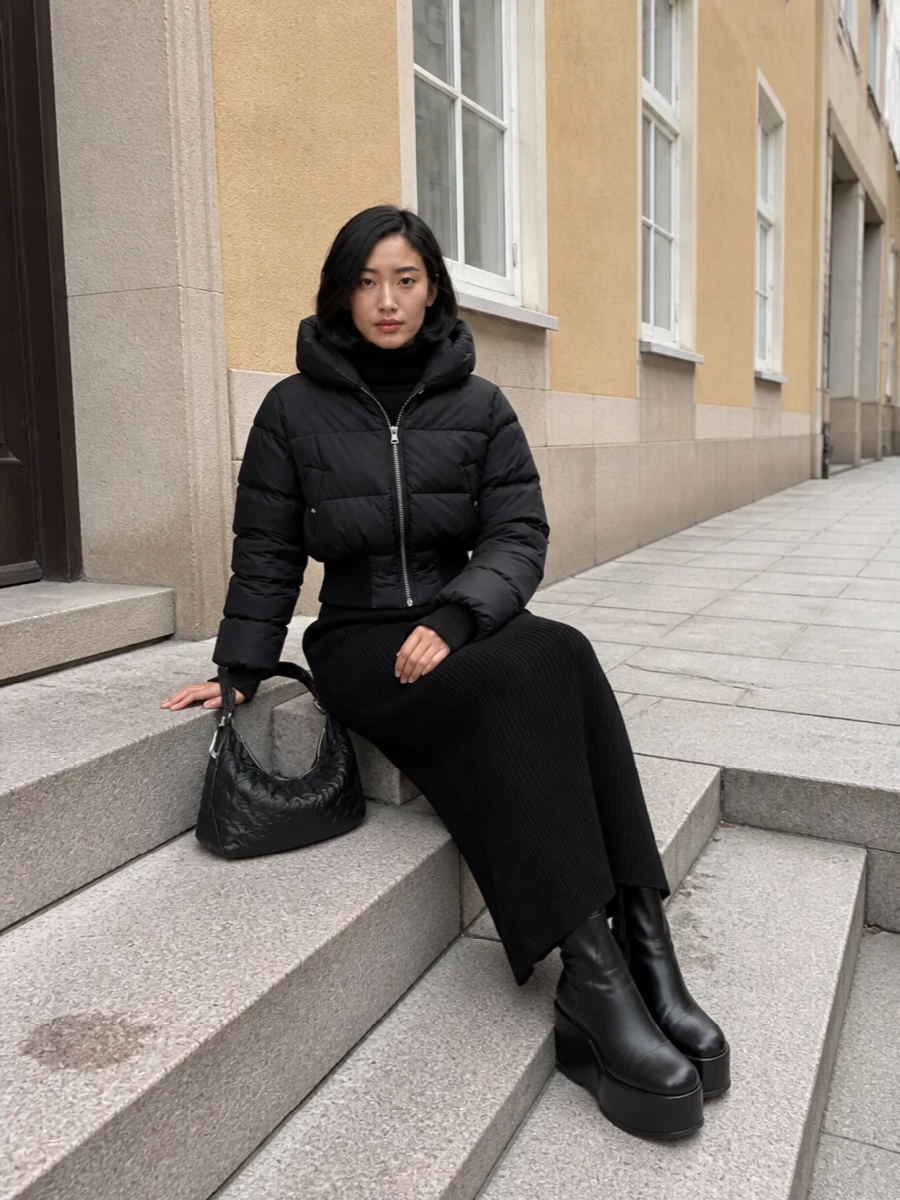 Rick owens puffer black ribbed maxi dress outfit