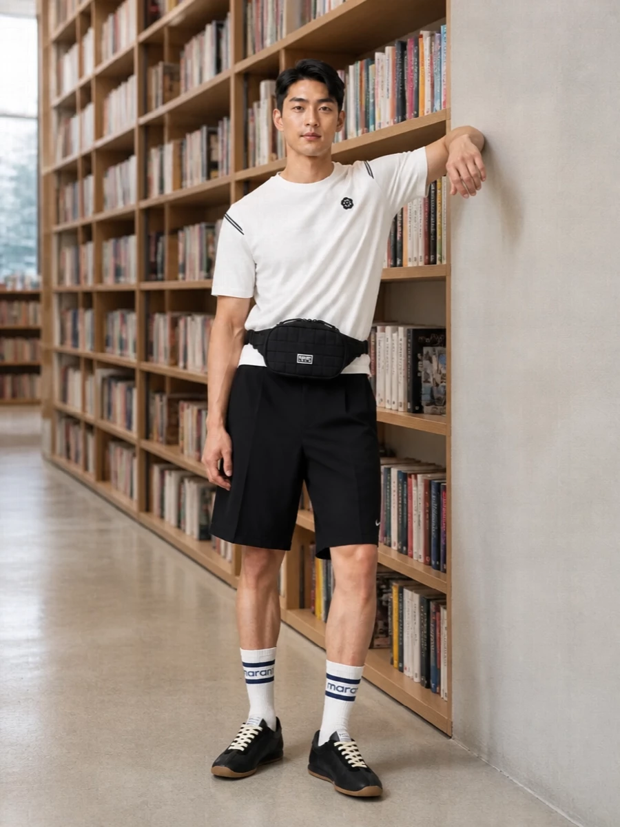 A clean white logo tee sits over loose black tailored shorts for a modern take on sport-inflected streetwear. Black and cream runners keep the lines streamlined, while a compact belt bag and collegiate socks add just enough graphic detail. The palette stays tight in monochrome with small navy touches, so the outfit feels easy for city days yet still considered.