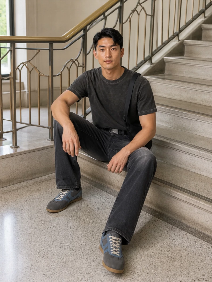 Sefr charcoal tee grey jeans dries sneakers