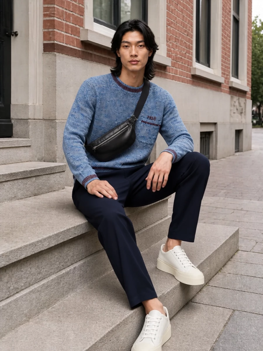 Marni blue knit navy drawstring trousers sneakers
