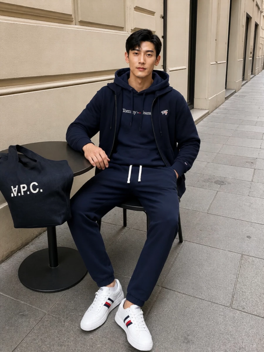 Tommy hilfiger navy hoodie white sneaker outfit