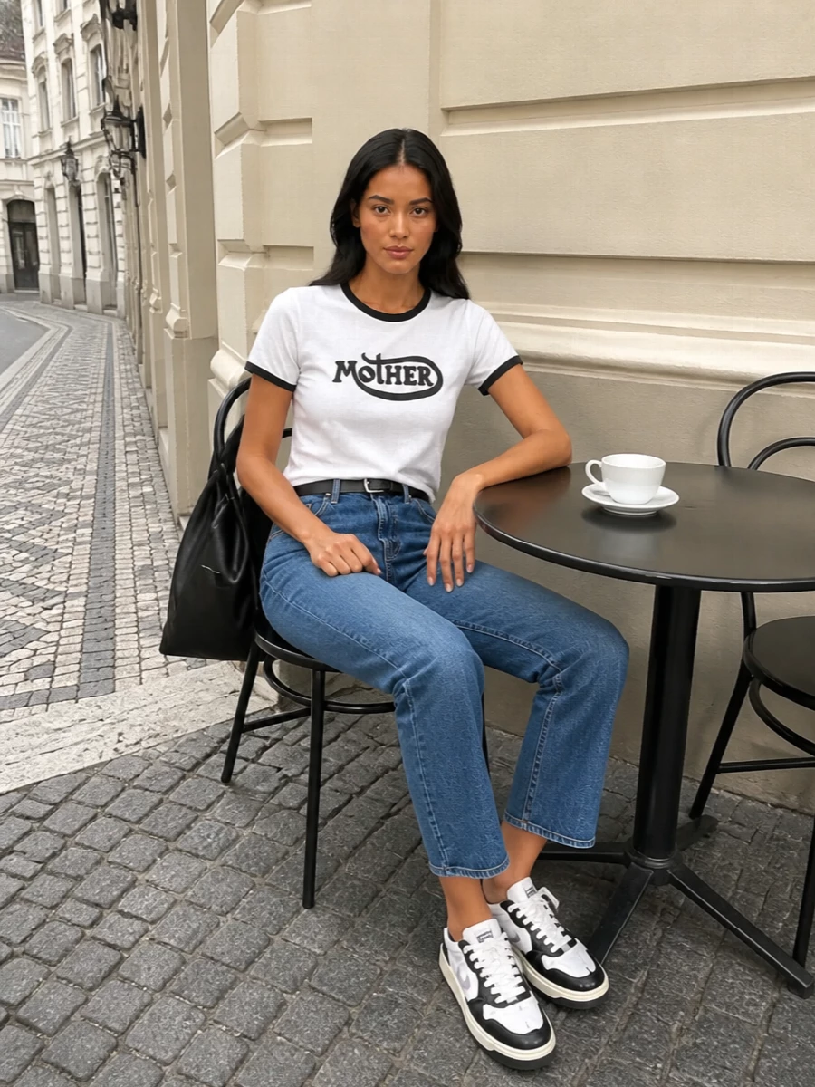 Mother ringer tee straight jeans autry sneakers
