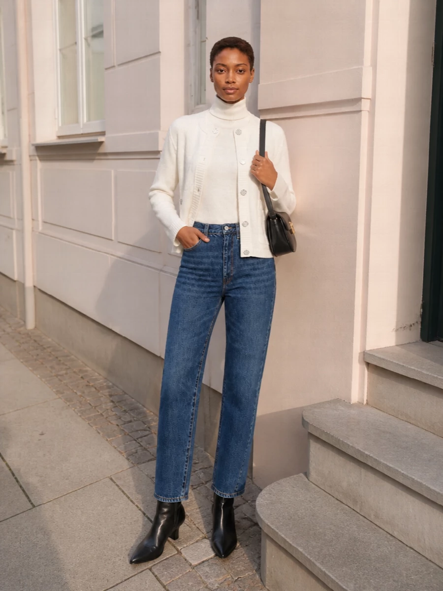 Toteme white cardigan indigo jeans ankle boots