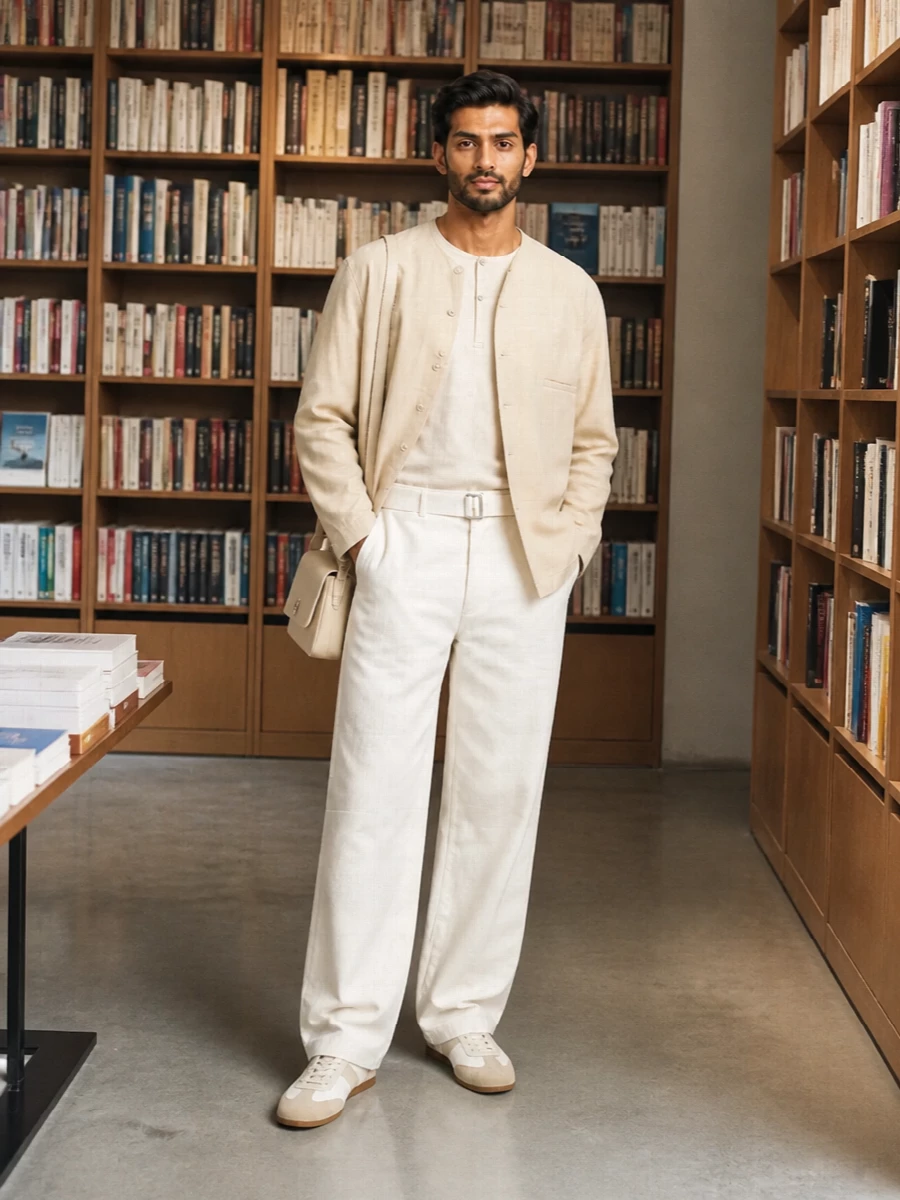 Lemaire beige jacket wide leg trousers outfit