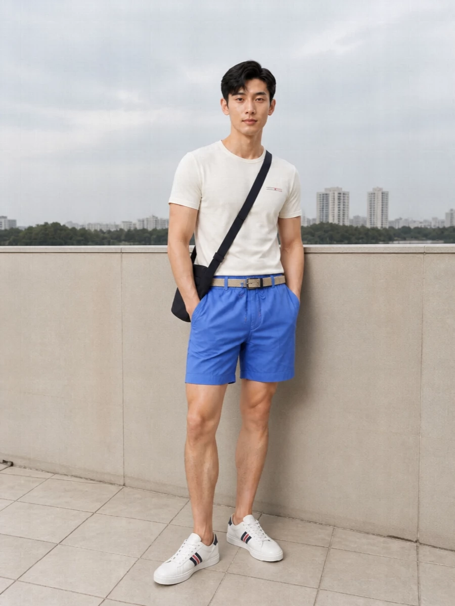 Tommy hilfiger blue swim shorts white tee outfit
