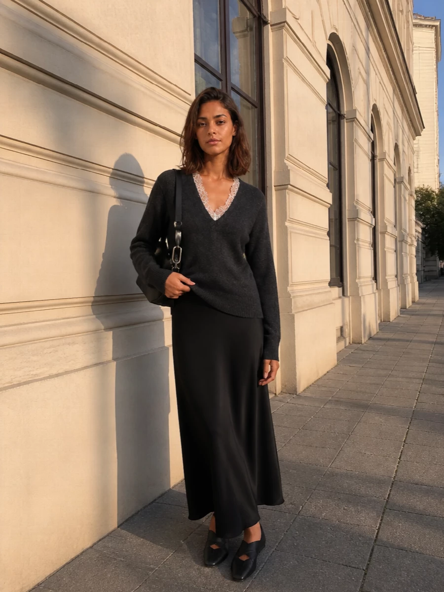 Loulou studio lace sweater black satin maxi skirt