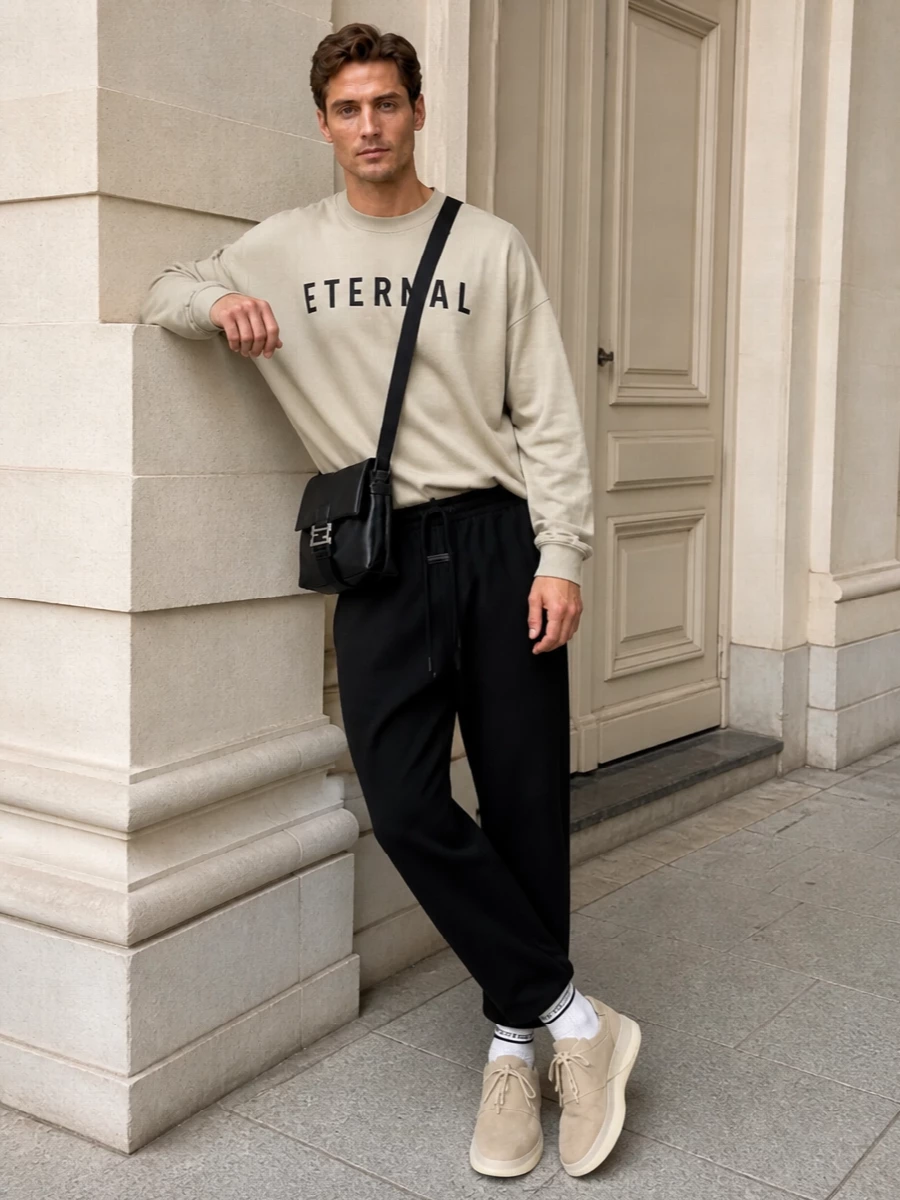 Fear of god beige sweatshirt black pants outfit