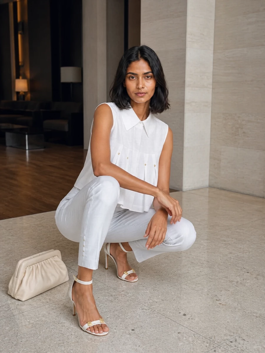 A monochrome white foundation keeps this outfit sharp and light, with the tailored trouser and sculpted sleeveless blouse working together to create a long, clean line. Gold accents on buttons, belt and sandals introduce just enough jewelry effect so you can skip heavy accessories. The result is a quietly confident ensemble for summer dinners, gallery openings or any evening that calls for precise polish without feeling overdressed.