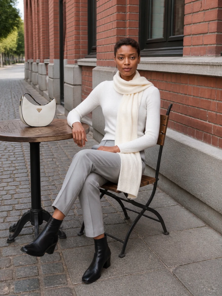 Giorgio armani white sweater grey trousers outfit