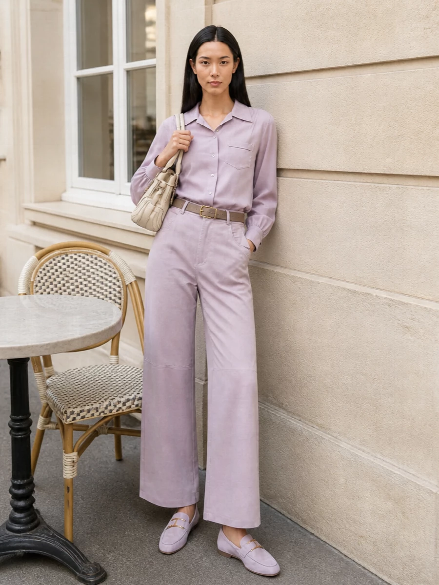 Dusty lilac on lilac reads calm rather than saccharine here, with the cropped shirt and wide-leg trouser forming a soft, modern column. Flat lavender loafers and a structured cream top-handle keep the palette light but grounded, while a slim taupe belt adds just enough definition and metal to keep everything precise. It is relaxed, quietly polished tailoring for days when you want colour to feel subtle and grown up.