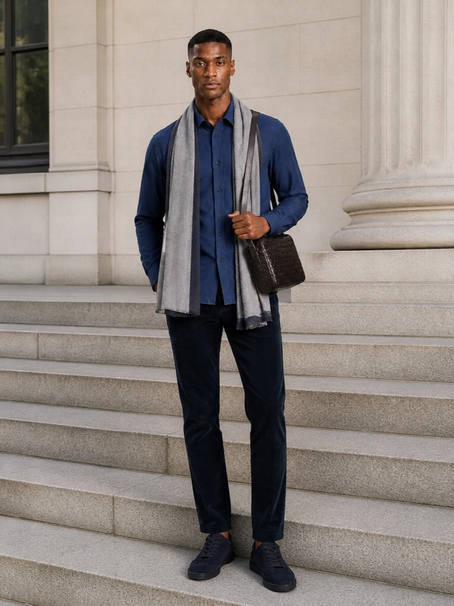 Brunello cucinelli blue shirt navy trousers
