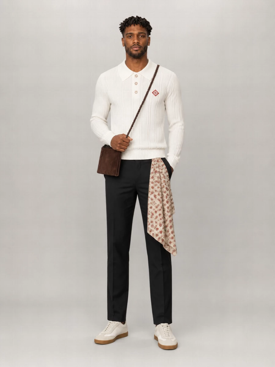 Casablanca Bouclé Long-Sleeve Polo Sweater