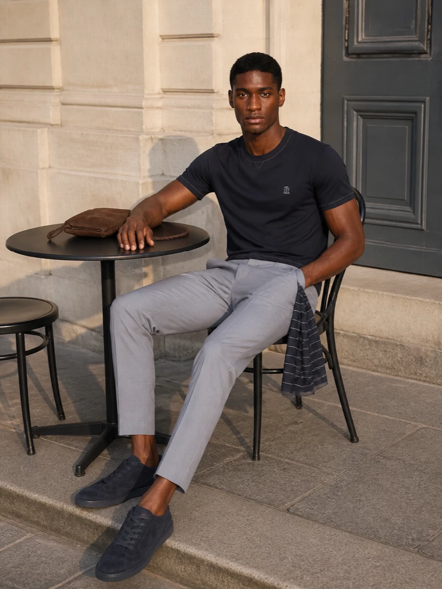 Brunello cucinelli navy tee grey chinos outfit