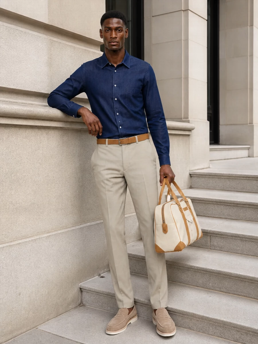Brunello cucinelli denim shirt beige trousers outfit