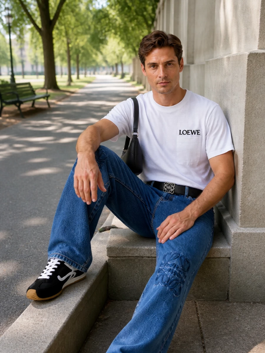 Loewe mens jeans white tee black sneakers