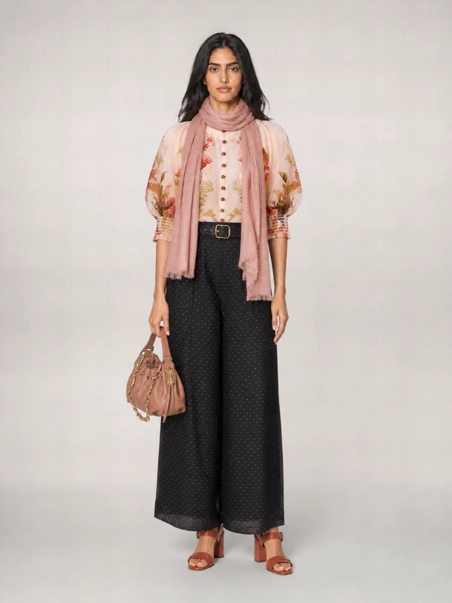 Zimmermann Ramie Printed High-Neck Short-Sleeve Blouse