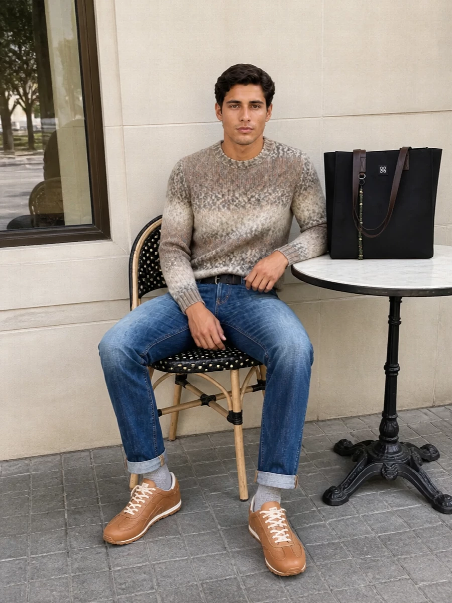 Dondup jeans neutral sweater tan sneakers