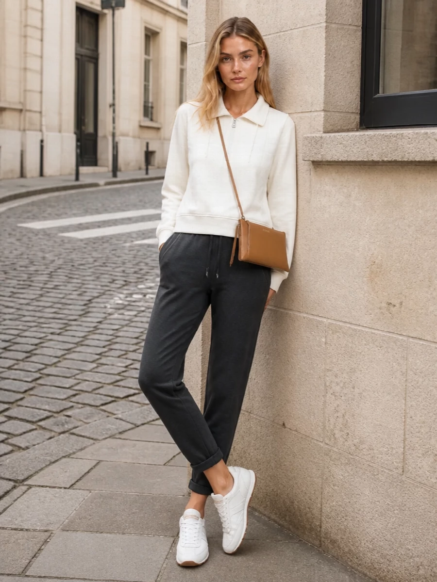 Charcoal tapered joggers are lifted into a quietly luxurious off-duty look with a soft ivory zip-neck pullover that brightens and sharpens the silhouette. Clean white runners keep the mood athletic yet polished, while the slim camel-tan cross-body adds a warm, refined accent without disturbing the minimalist ease. The result is an elevated, travel-ready uniform that feels as considered as it is comfortable.