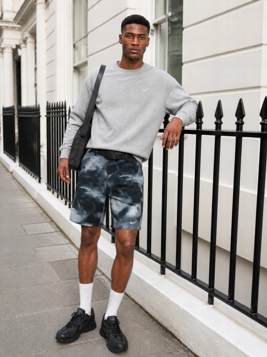 Nike swim shorts grey sweatshirt outfit