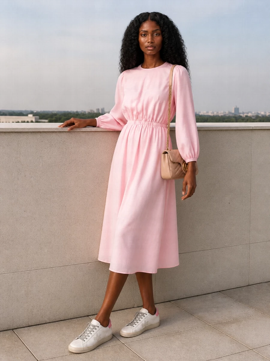 The pastel midi dress path works best here, picking up the sneakers’ blush accents while keeping the mood soft, feminine and relaxed for daytime. The Fabiana Filippi dress and blush Gucci shoulder bag create a quiet, preppy harmony where colour and formality are perfectly aligned with the worn-in Golden Goose. It is an easy city-to-garden combination that still feels considered without tipping into occasion wear.