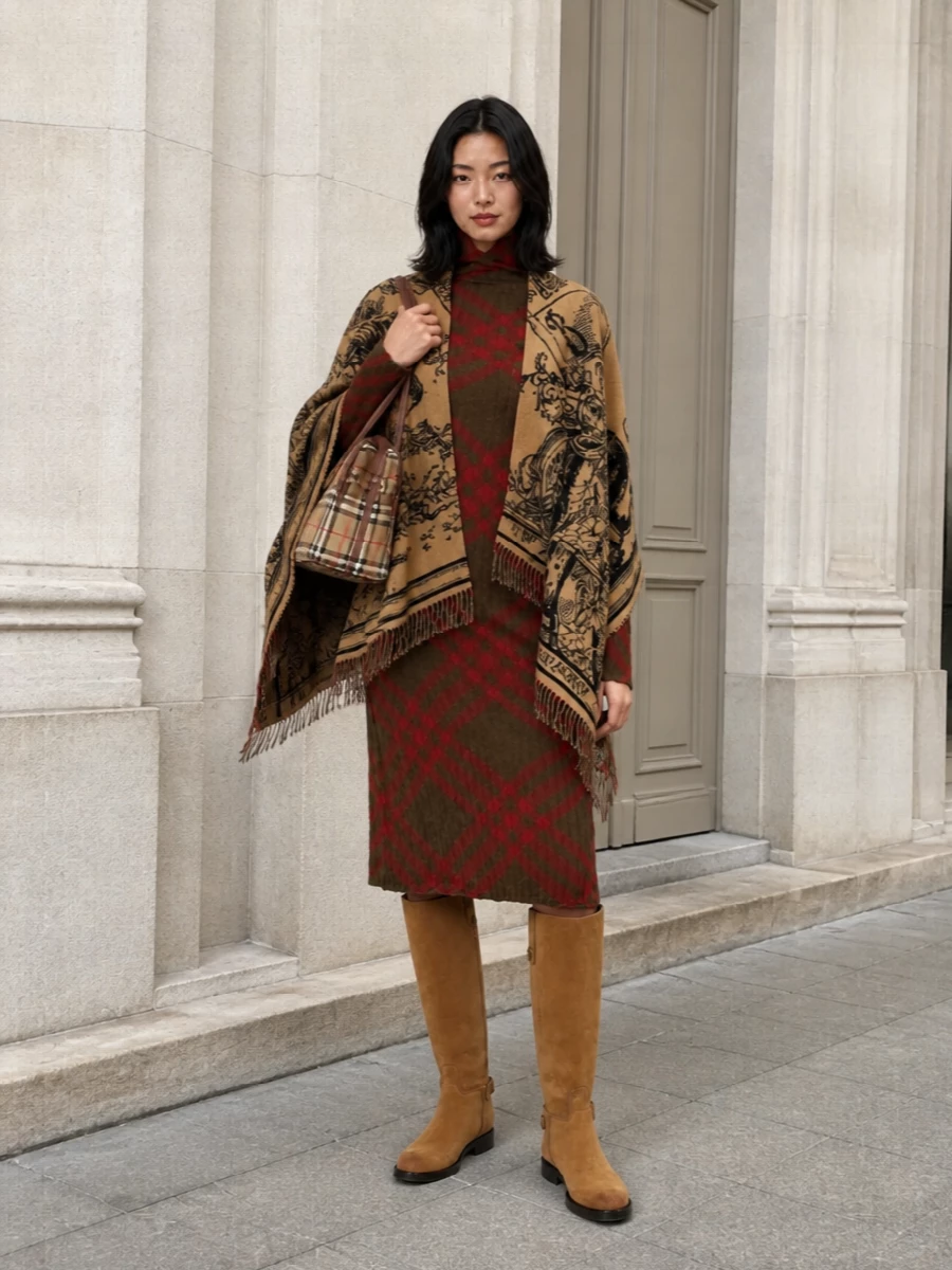 Burberry poncho plaid knit dress riding boots