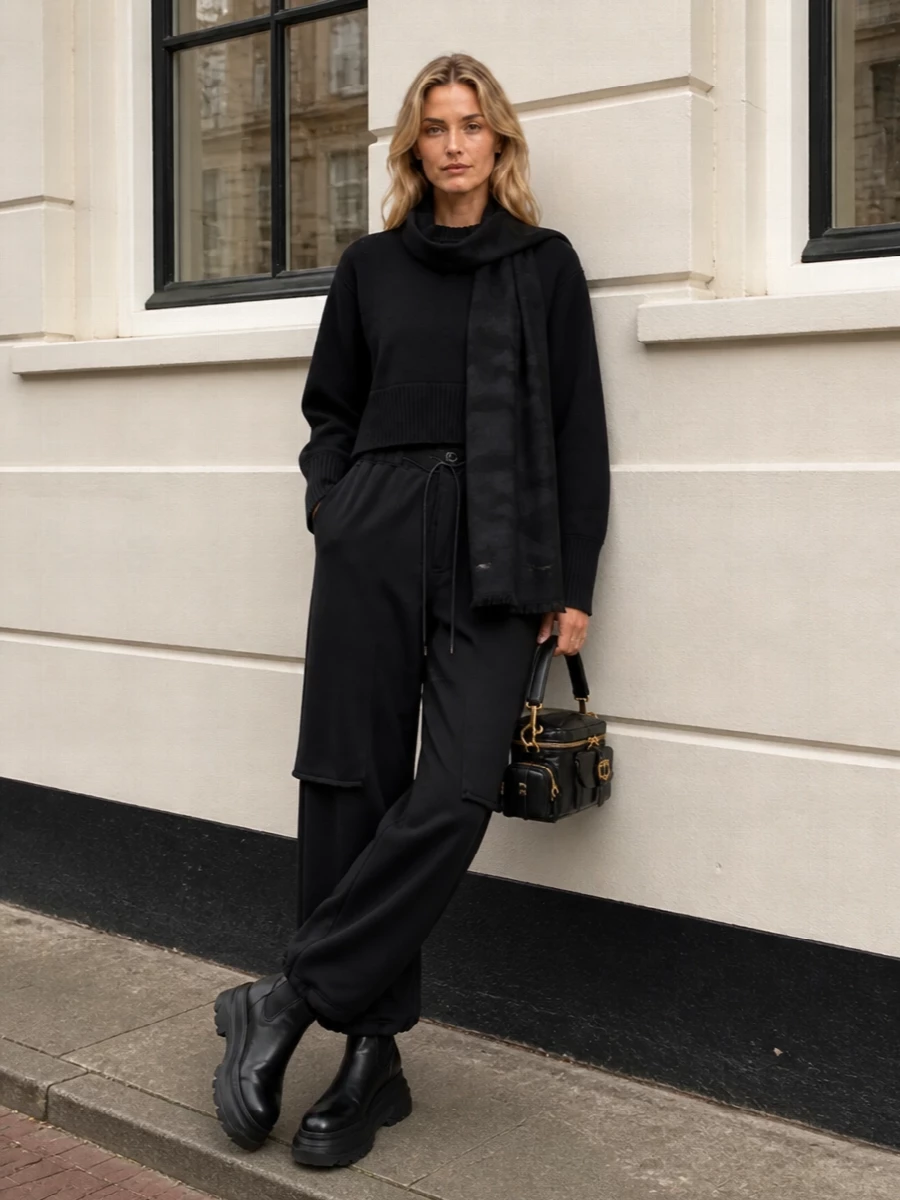 Sacai wide leg jogger outfit platform boots