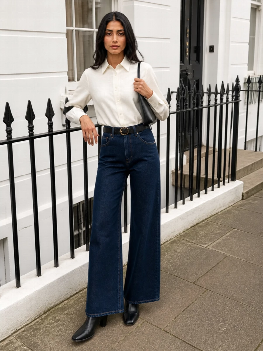 Jil sander wide leg jeans white shirt outfit