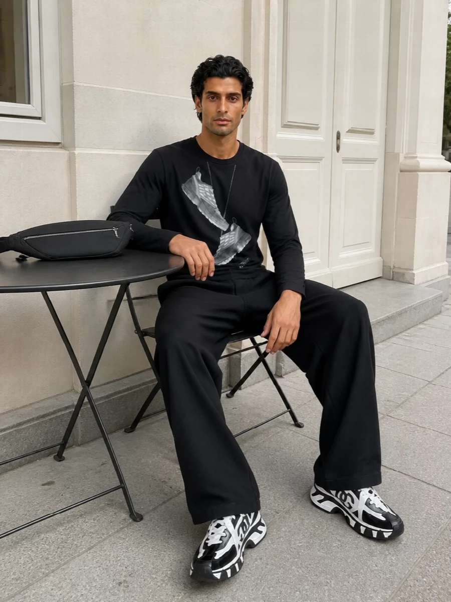 Monochrome and graphic, this outfit lets the Dolce&Gabbana sneakers hit hard against a clean black base. The wide-leg trousers keep the proportions modern, while the long-sleeve tee and sling bag lean into a considered street attitude that works from daytime city runs to late-night bars.