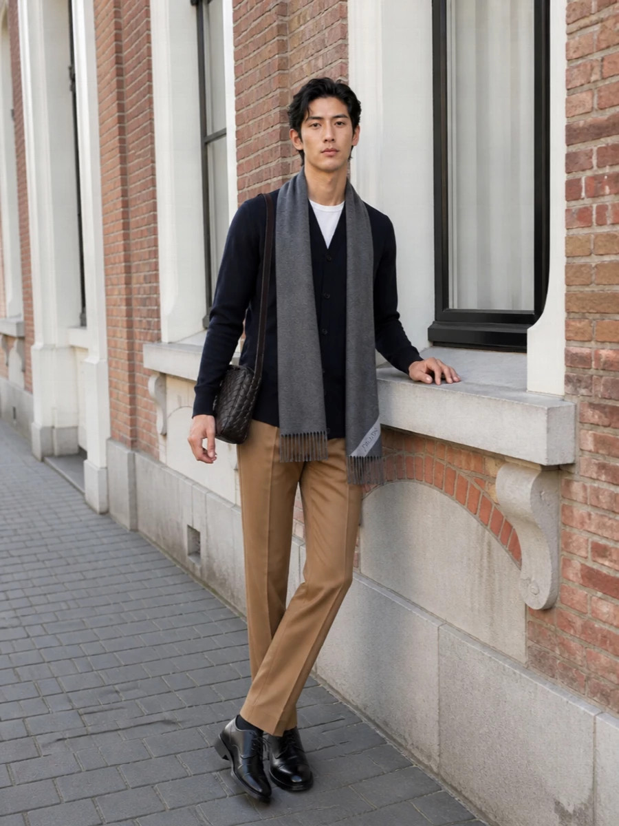 Deep navy knitwear with camel tailoring sets a calm, intelligent palette that feels right for cool city days. The line is clean and regular, neither skinny nor oversized, so it reads assured rather than styled. Black leather and a compact crossbody keep the finish sharp but quiet, ideal for work, gallery afternoons or low-key dinners.