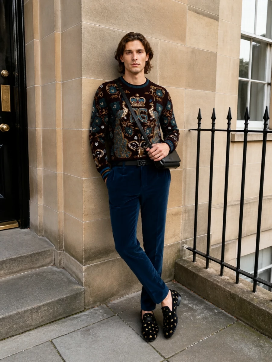 Dolce gabbana baroque sweater velvet trousers