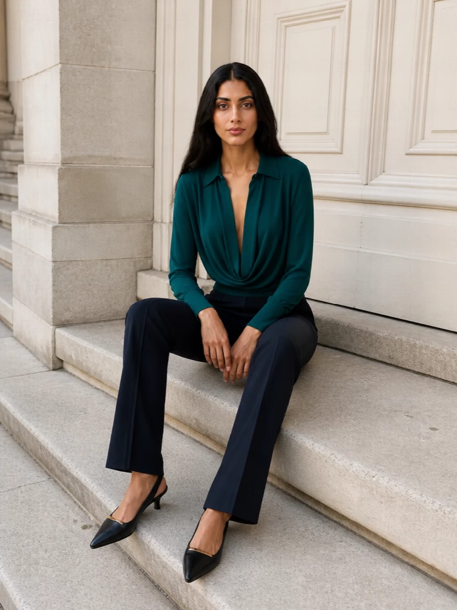 Andamane teal blouse attico navy trousers