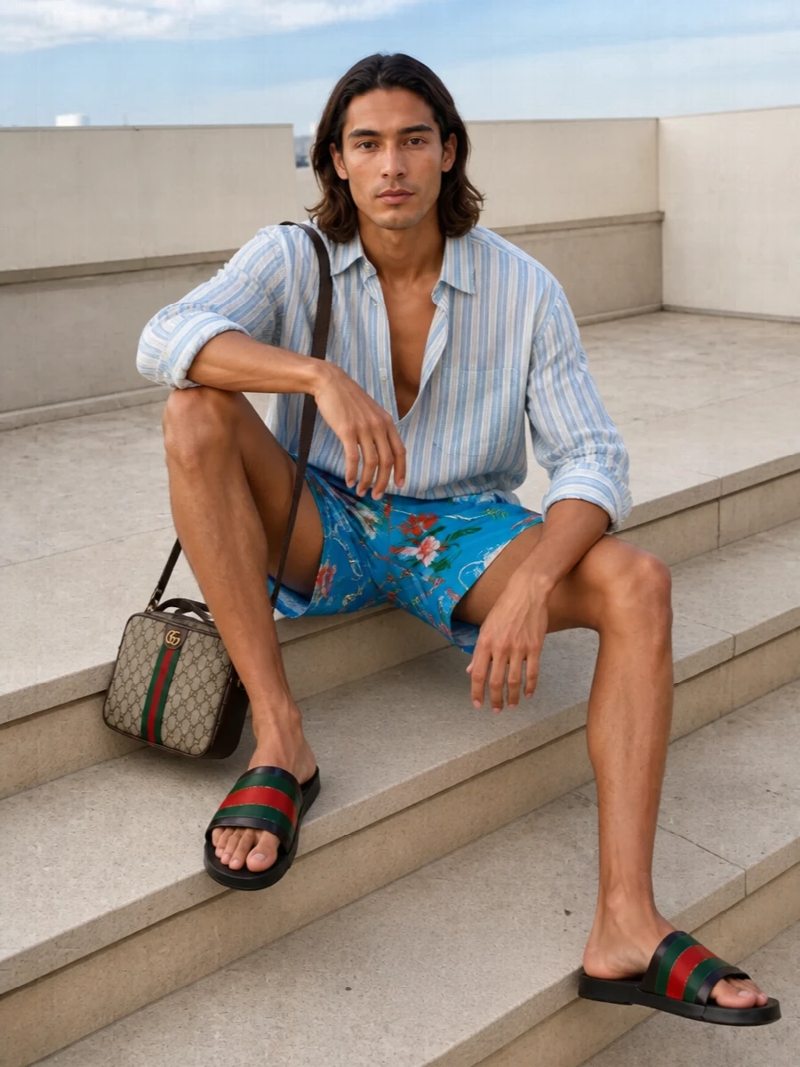 Gucci mens floral swim shorts striped shirt outfit
