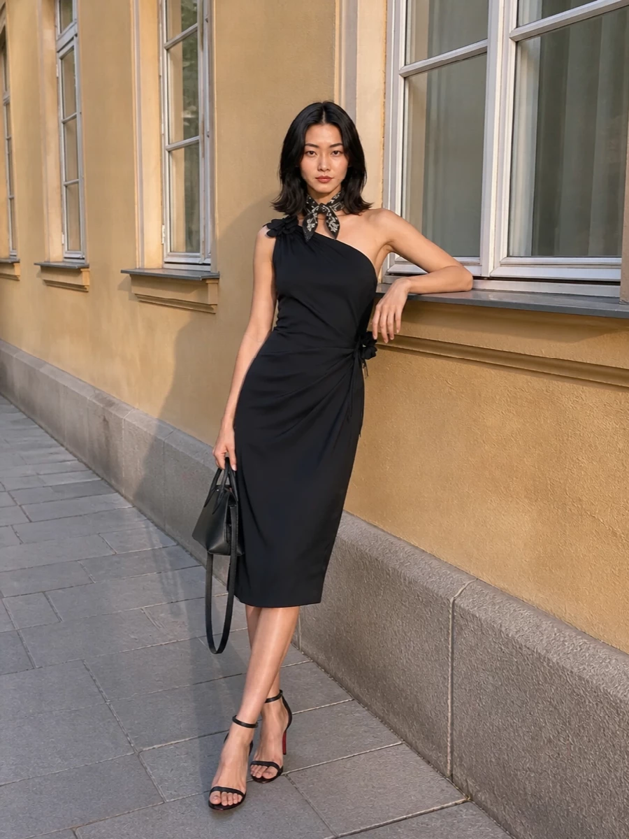 Coperni black one shoulder dress louboutin heels