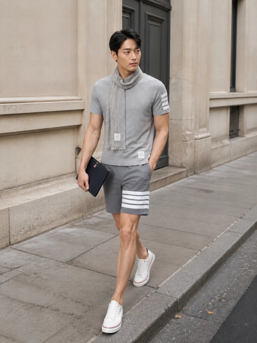 Thom browne grey tee tailored sport shorts outfit