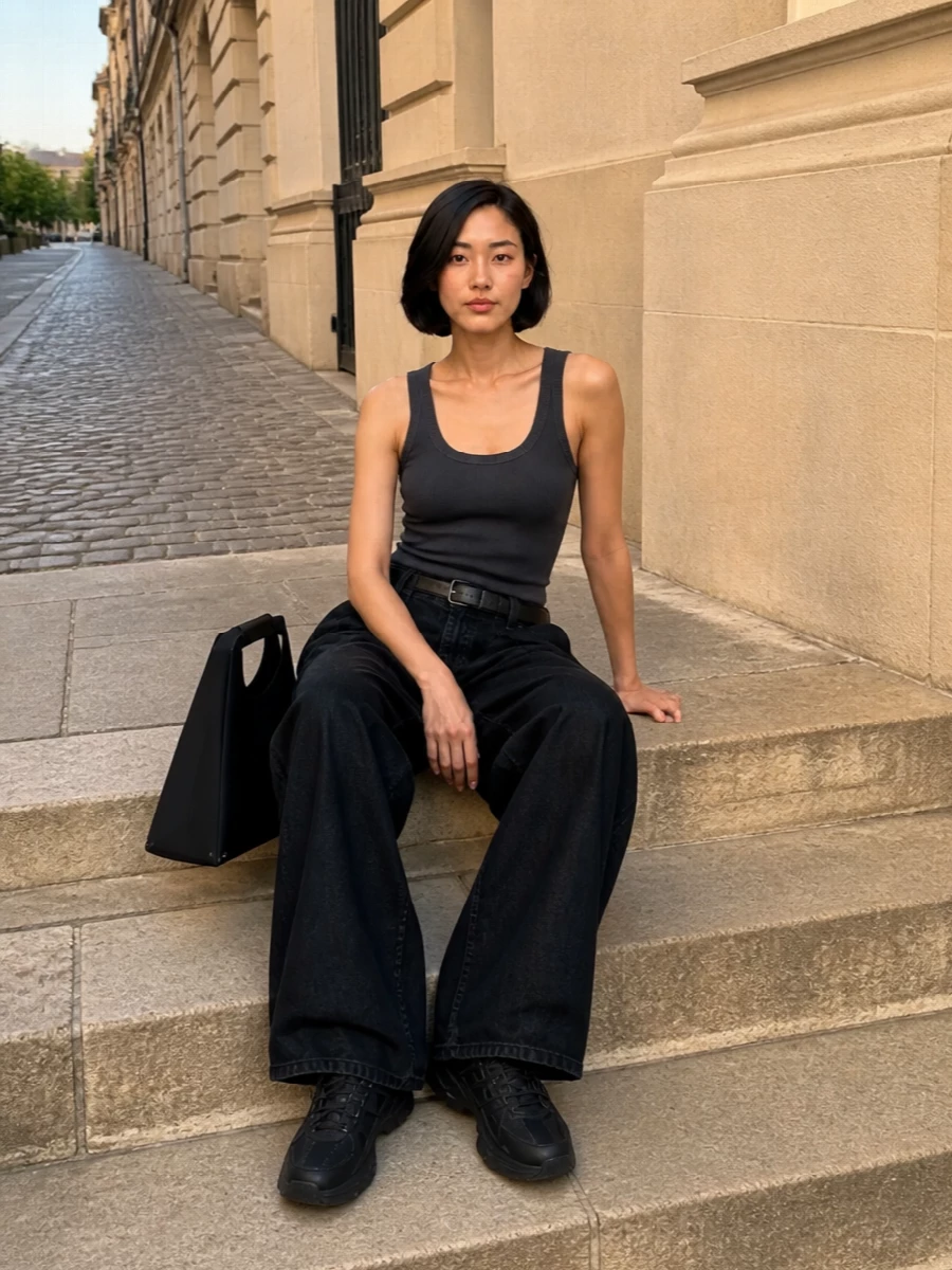 Haikure’s wide-leg trouser and ribbed charcoal tank build a clean, long column in washed black and deep grey, leaning into a quietly graphic, street-driven uniform. Sculpted black Nike runners keep the volume grounded and practical, while the angular Mm6 tote and slim black belt add just enough structure and attitude without interrupting the monochrome flow. The result is a low-key, modern city uniform that feels deliberate but unfussy from daytime errands to late-night walks home.