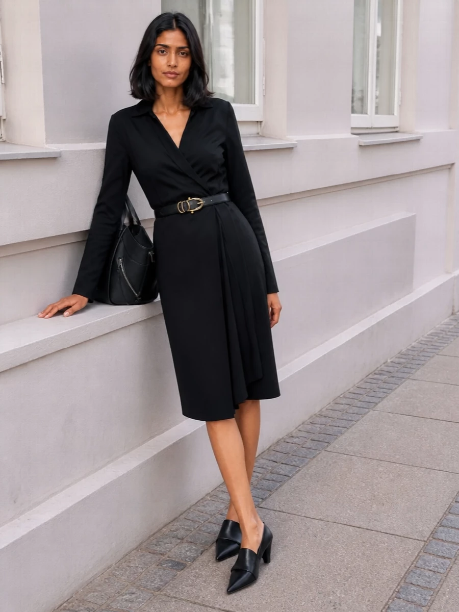 Loewe black wrap dress sculptural heels